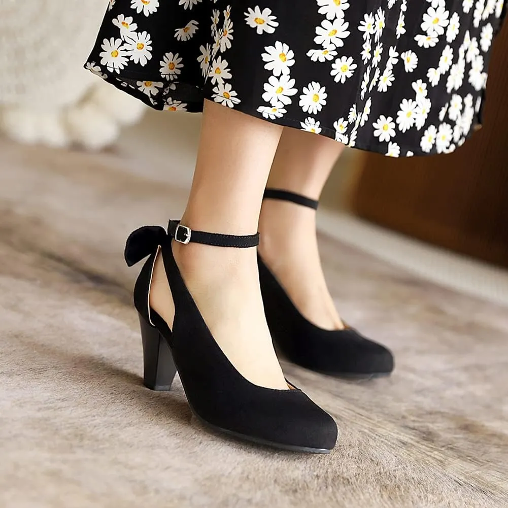 Women's Bowknot Mary Jane Low Kitten Heel Pumps Round Toe Prom Dress Shoes