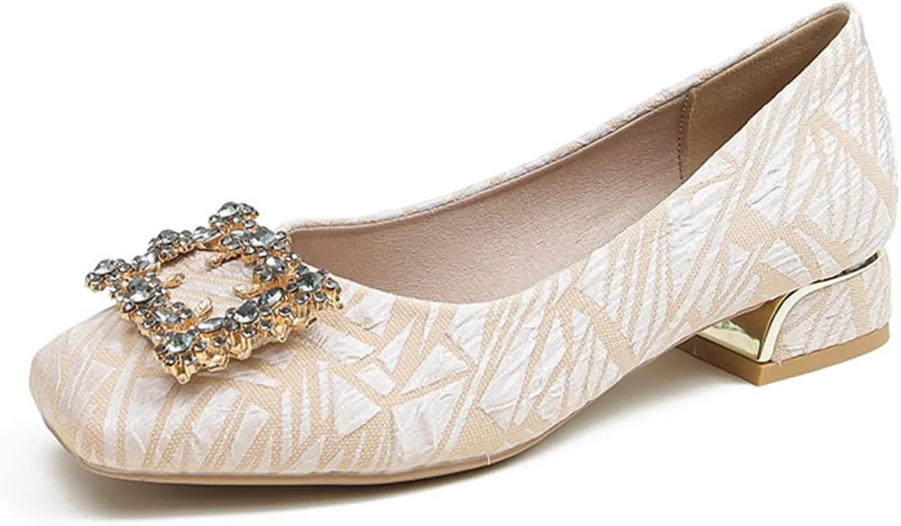 Women's Rhinestone Low Heel Pumps Jeweled Square Toe Slip on Office Daily Dress Pump Evening Shoes