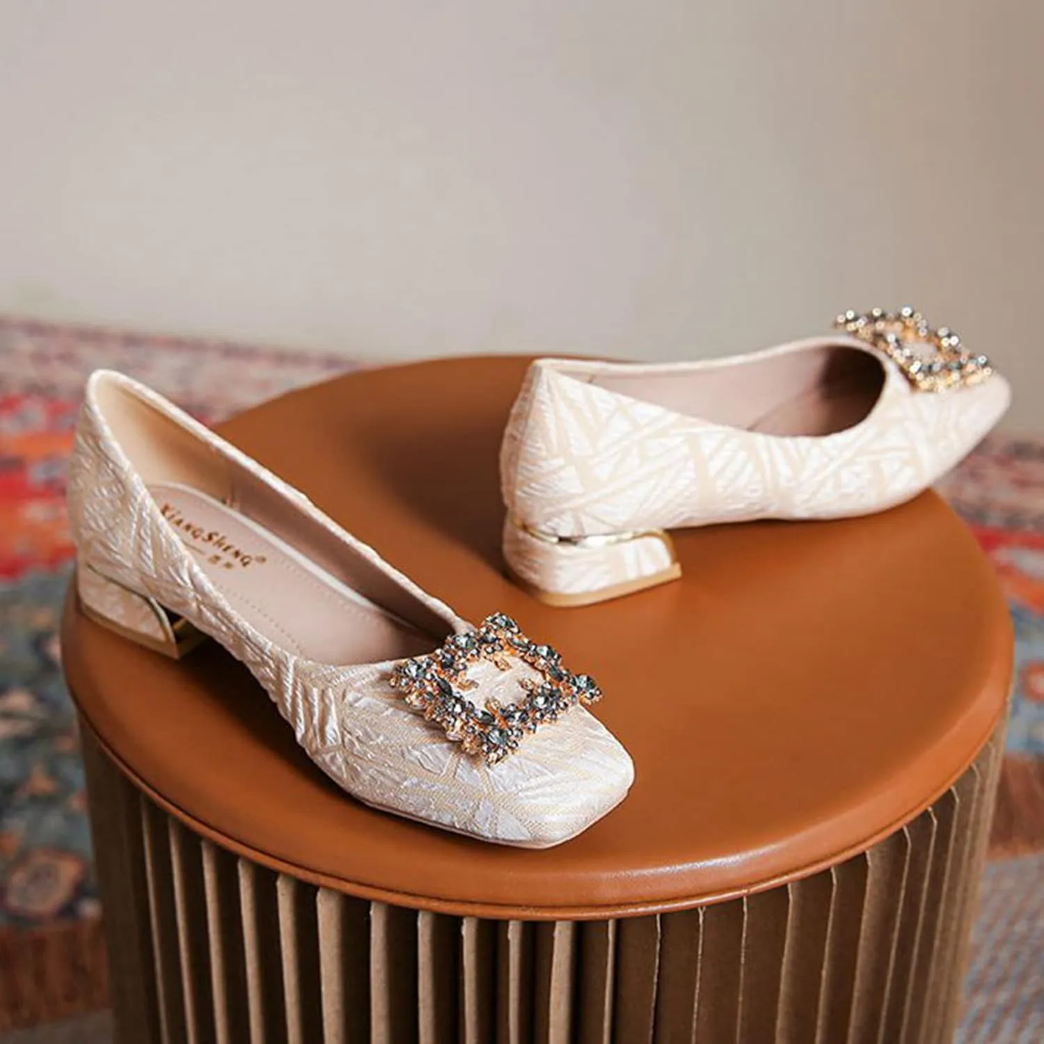 Women's Rhinestone Low Heel Pumps Jeweled Square Toe Slip on Office Daily Dress Pump Evening Shoes