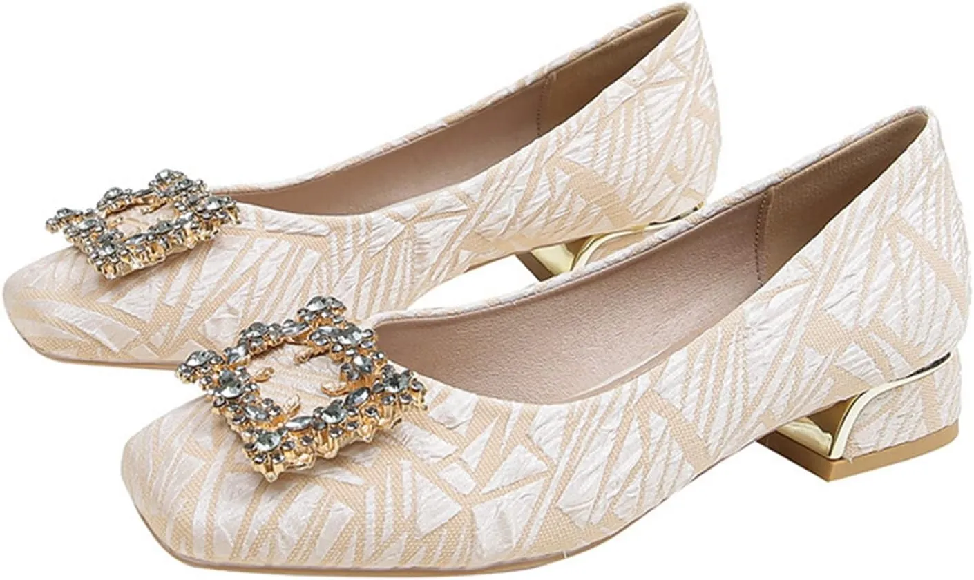 Women's Rhinestone Low Heel Pumps Jeweled Square Toe Slip on Office Daily Dress Pump Evening Shoes