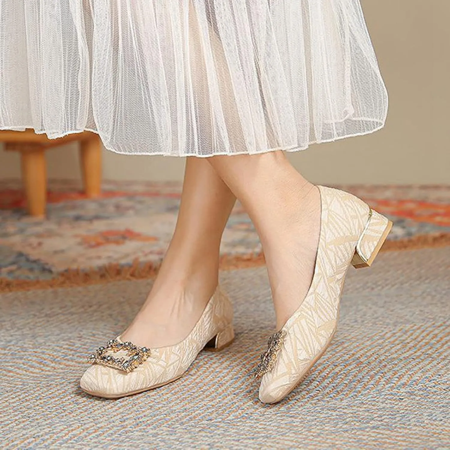 Women's Rhinestone Low Heel Pumps Jeweled Square Toe Slip on Office Daily Dress Pump Evening Shoes