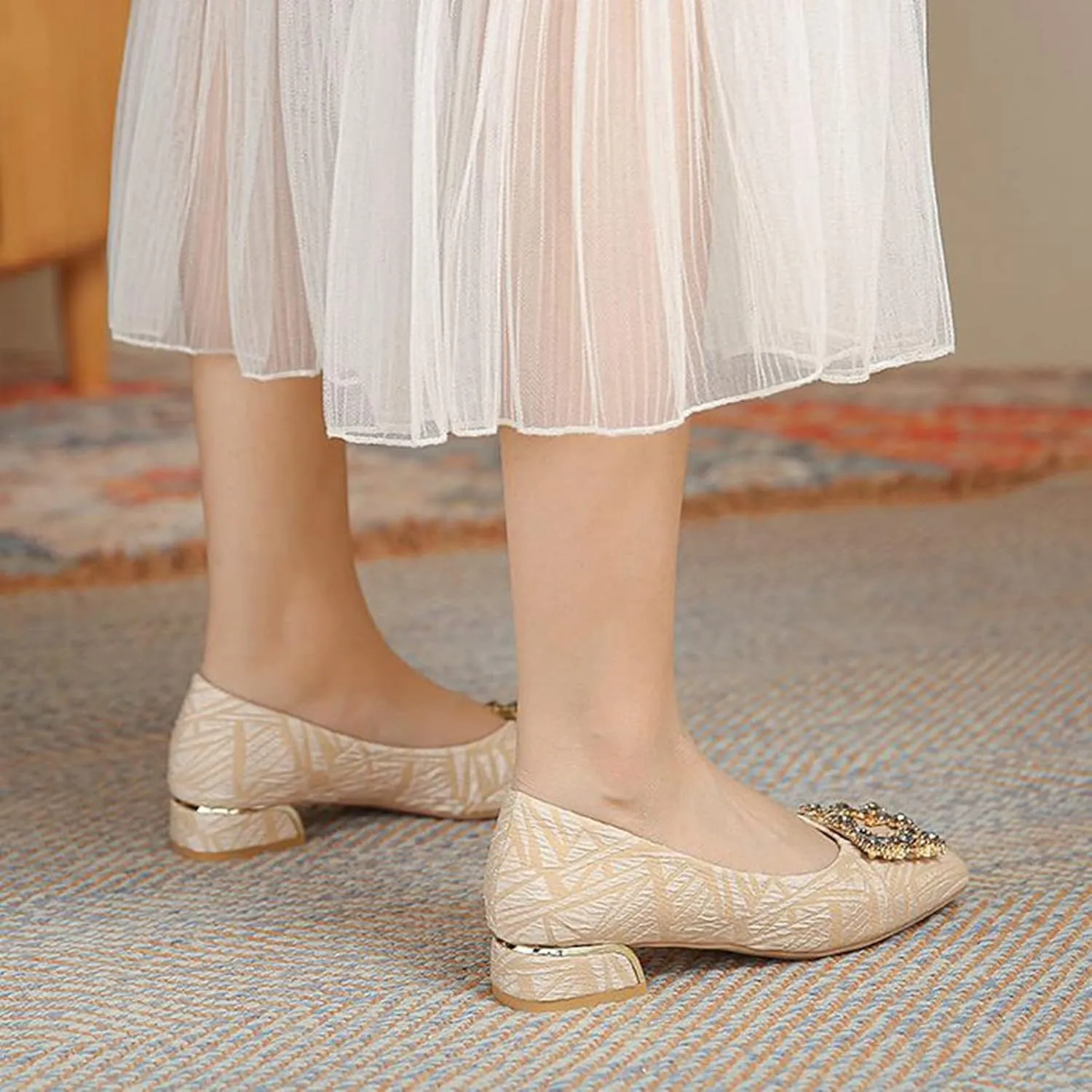 Women's Rhinestone Low Heel Pumps Jeweled Square Toe Slip on Office Daily Dress Pump Evening Shoes