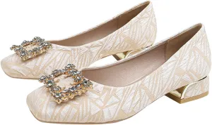 Women's Rhinestone Low Heel Pumps Jeweled Square Toe Slip on Office Daily Dress Pump Evening Shoes