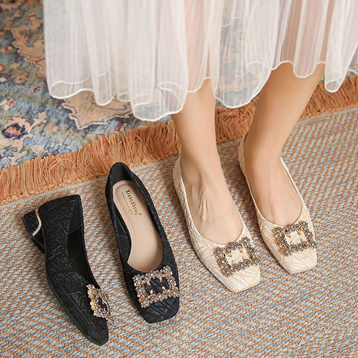 Women's Rhinestone Low Heel Pumps Jeweled Square Toe Slip on Office Daily Dress Pump Evening Shoes